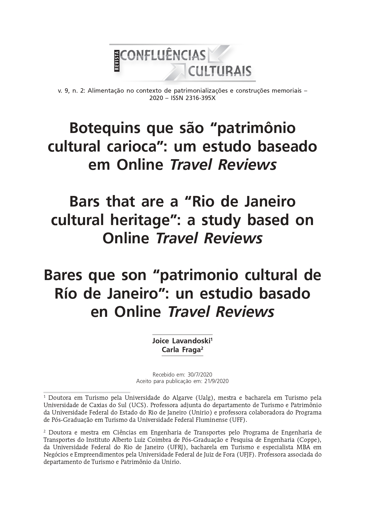 Botequins que são “patrimônio cultural carioca”: um estudo baseado em Online Travel Reviews
