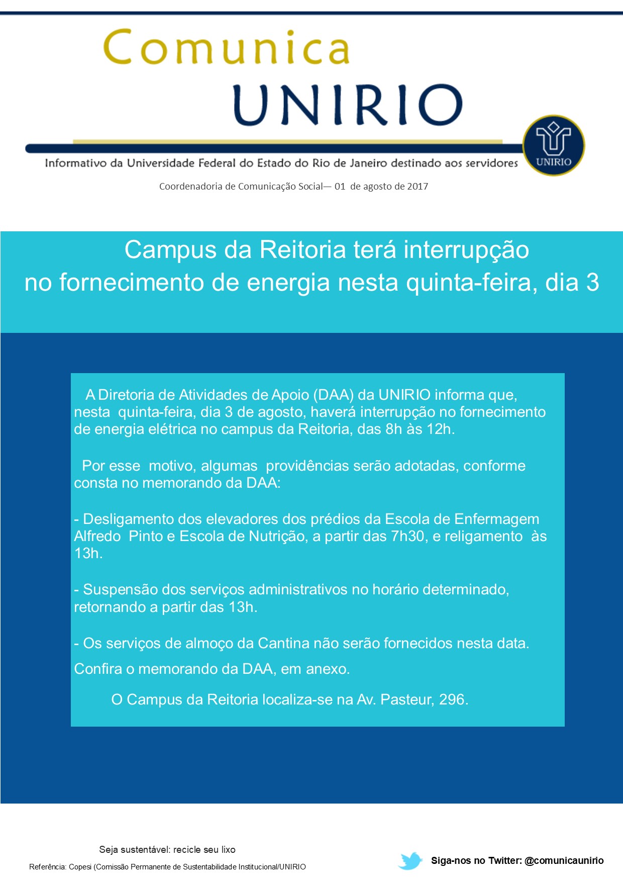 Comunica UNIRIO: Campus da Reitoria terá interrupção no fornecimento de energia nesta quinta-feira, dia 3