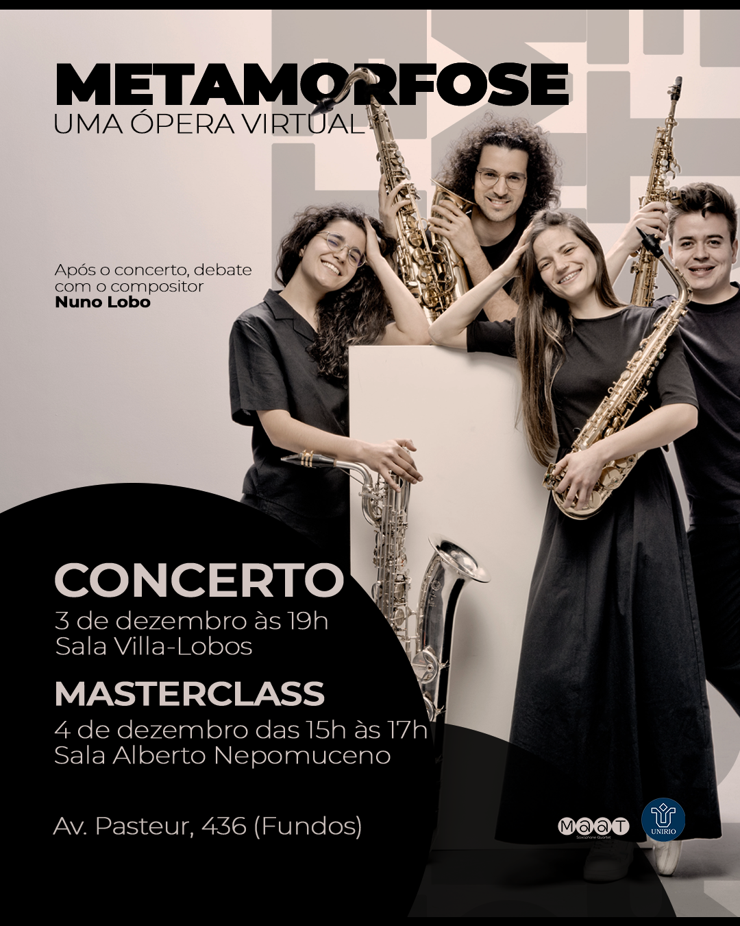 Maat Saxophone Quartet realiza concerto e masterclass no Instituto Villa-Lobos