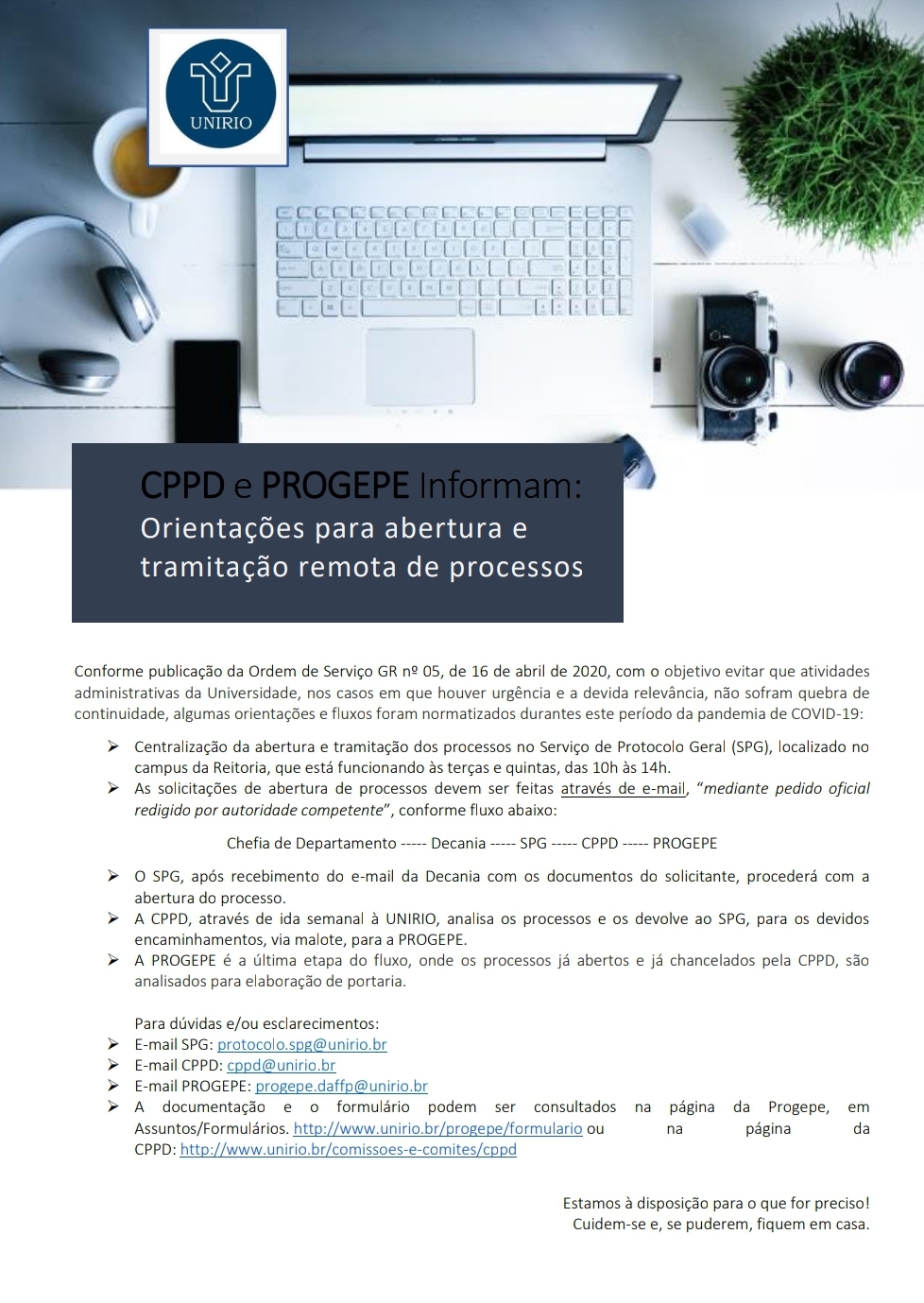 Orientações CPPD / PROGEPE para a abertura e tramitação de processos durante o período da pandemia