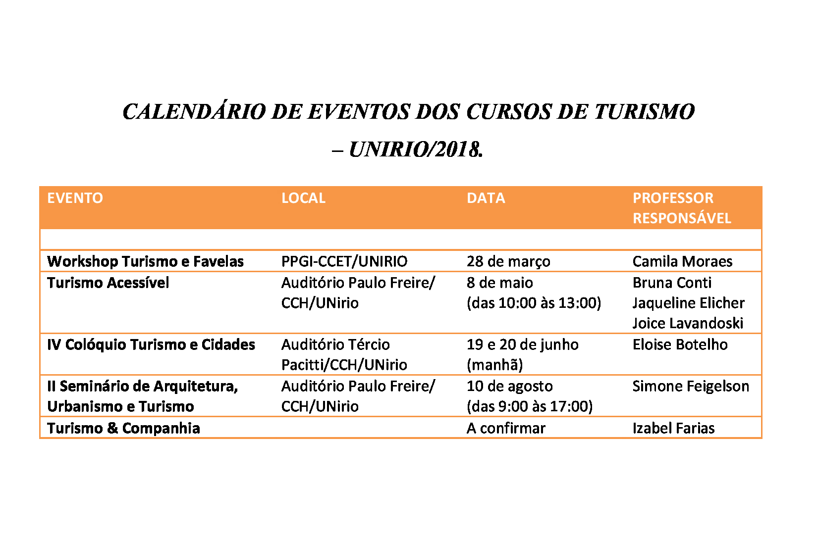 CALENDÁRIO DE EVENTOS CURSO DE TURISMO 2018