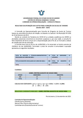 Resultado da Apuração dos Votos para a Direção da Escola de Turismo (Gestão 2020 – 2024)