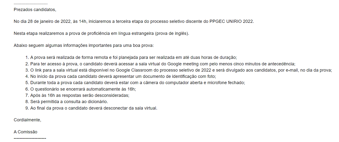 Informações sobre a terceira etapa (prova de inglês)