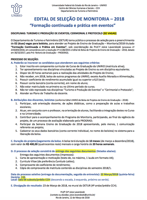 Edital de Monitoria 2018 - Profª Joice Lavandoski
