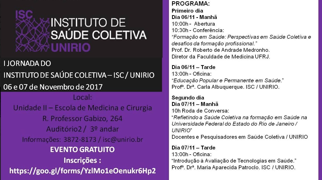 I Jornada do Instituto de Saúde Coletiva acontece nos dias 6 e 7 de novembro