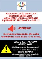 PRAE informa prorrogação das inscrições para o Edital do Auxílio Inclusão Digital 2021.2