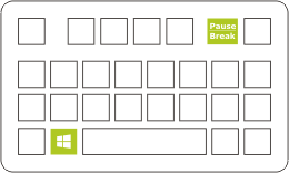 Figura do teclado do computador com as teclas Bandeira do Windows e Pause Break em destaque.
