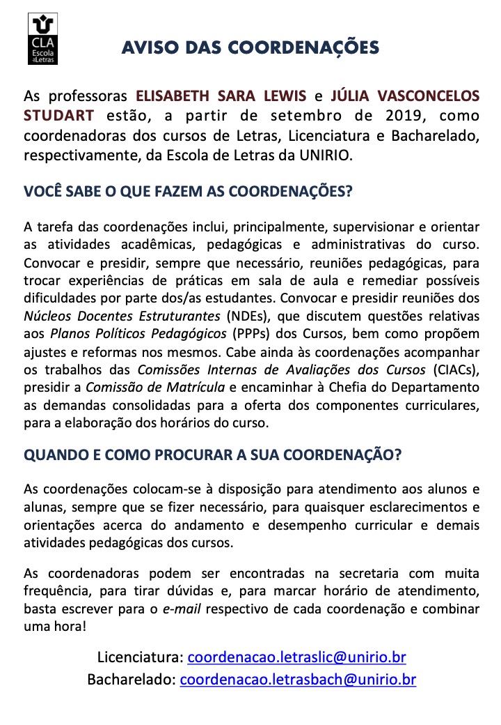 Aviso das coordenações