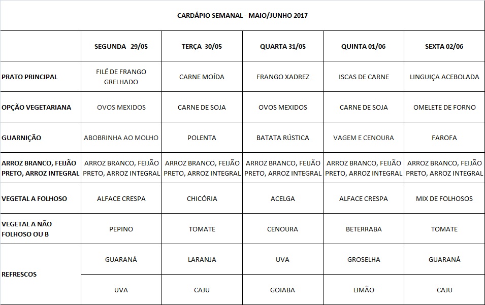 cardápio 29/05 a 02/06/17