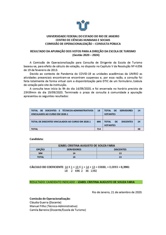 Resultado da Apuração dos Votos para a Direção da Escola de Turismo (Gestão 2020 – 2024)