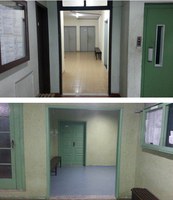 Equipes de limpeza e manutenção retiram portas de corredor no 3o, 5o e 7o andares do Bloco A