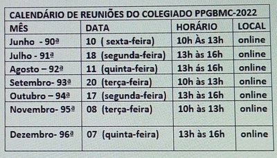 Calendário reuniões do colegiado 2022