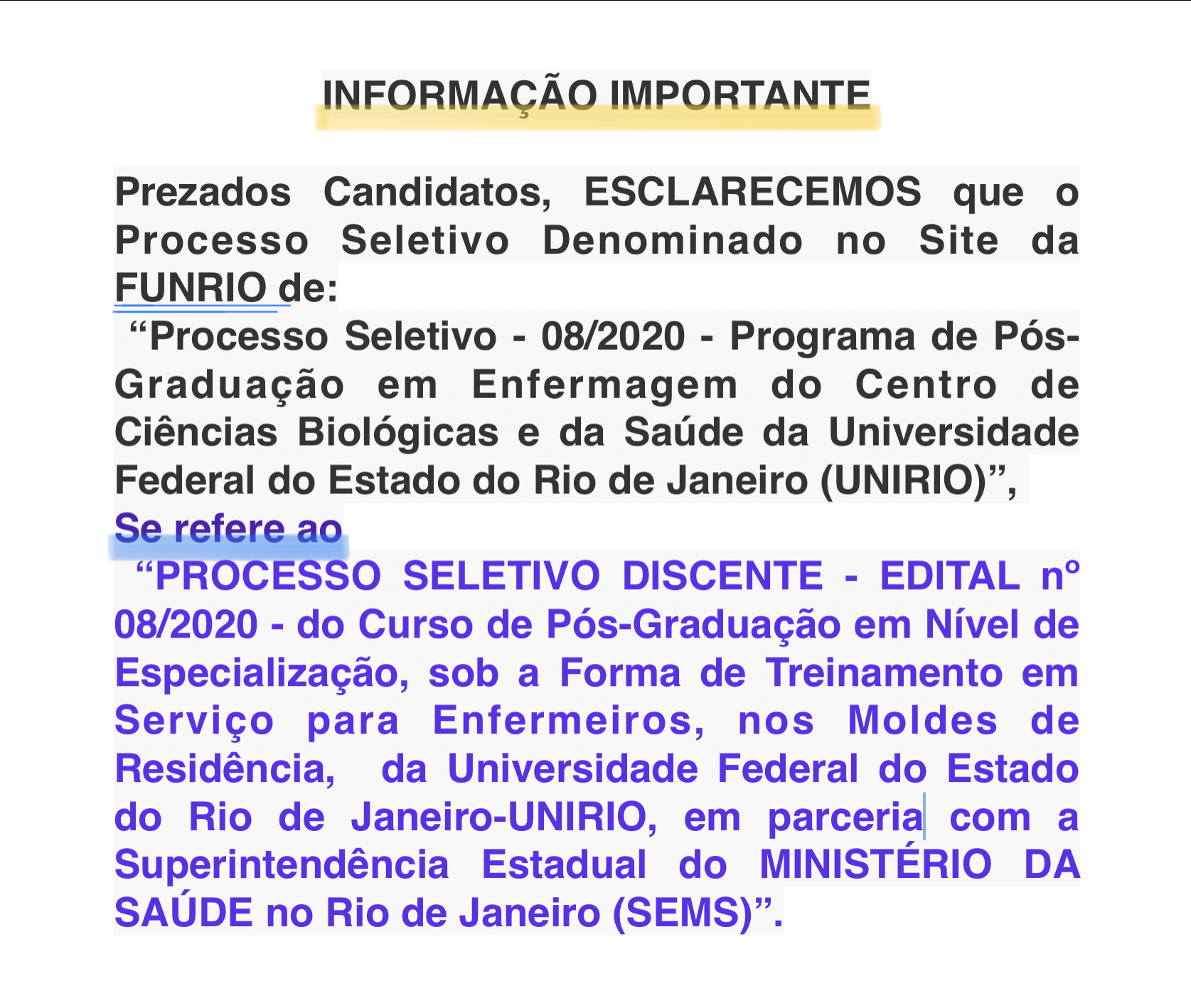 ESCLARECIMENTO Processo Seletivo Edital 08-2020