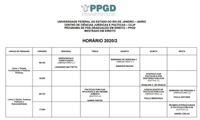 Horário 2020/2° semestre