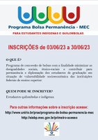 PRAE informa: Inscrições para cadastramento no Programa Bolsa Permanência do MEC 