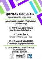 Quintas Culturais promove nova atração no dia 19 de abril