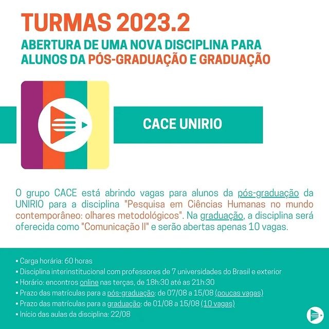 Grupo CACE abre vagas para alunos da pós-graduação da UNIRIO