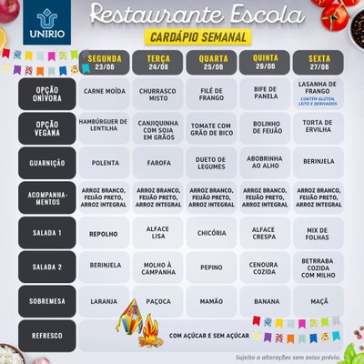 Cardápio semanal: 23 a 27/06/25
