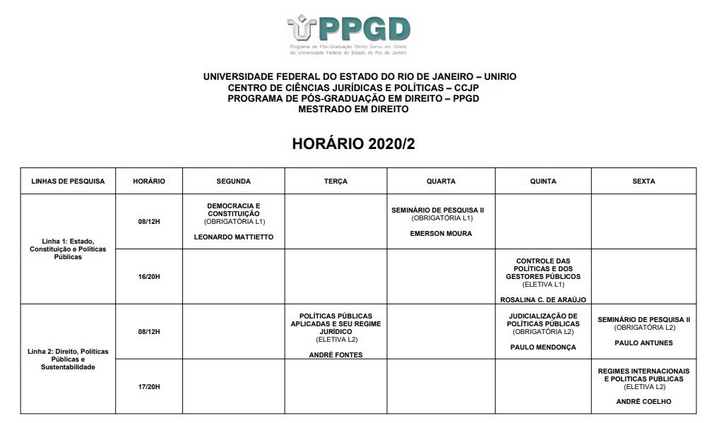Horário 2020/2° semestre