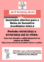 PRAE informa abertura do edital para a Bolsa de Incentivo Acadêmico (BIA) 2022.2
