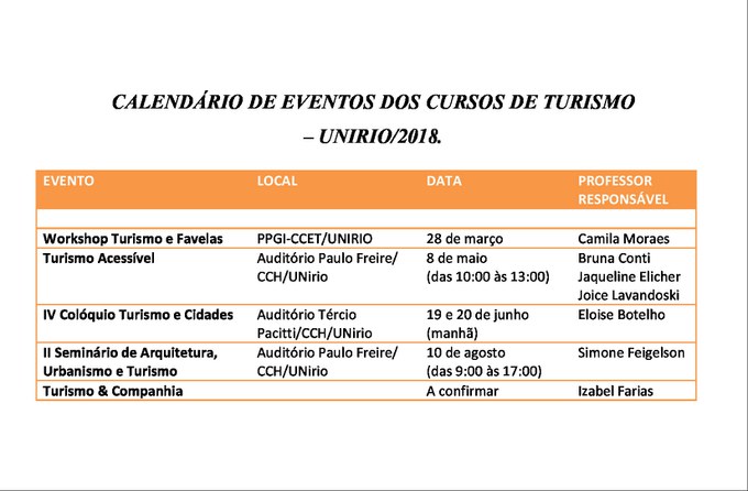 CALENDÁRIO DE EVENTOS CURSO DE TURISMO 2018