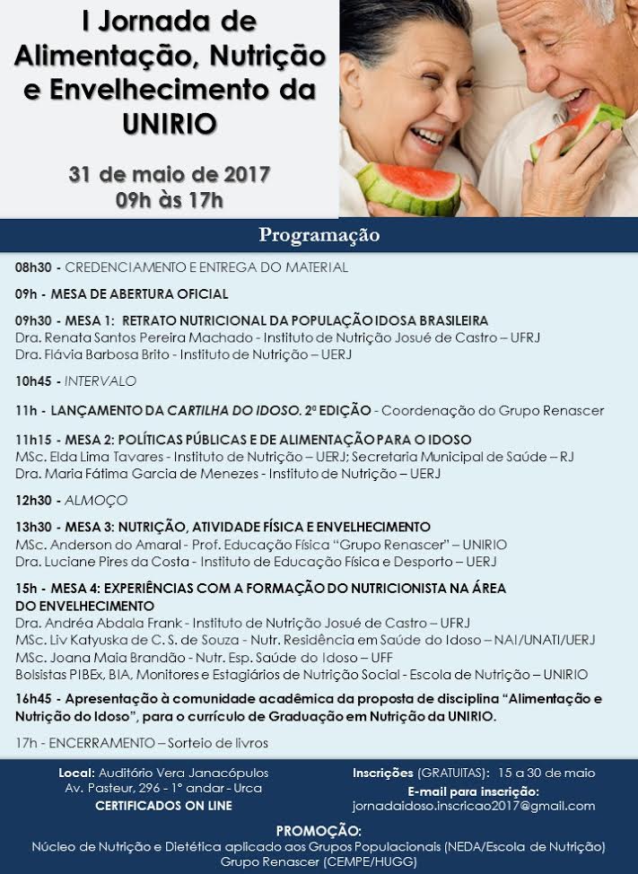 'I Jornada de Alimentação, Nutrição e Envelhecimento da UNIRIO' acontece nesta quarta-feira, dia 31 de maio