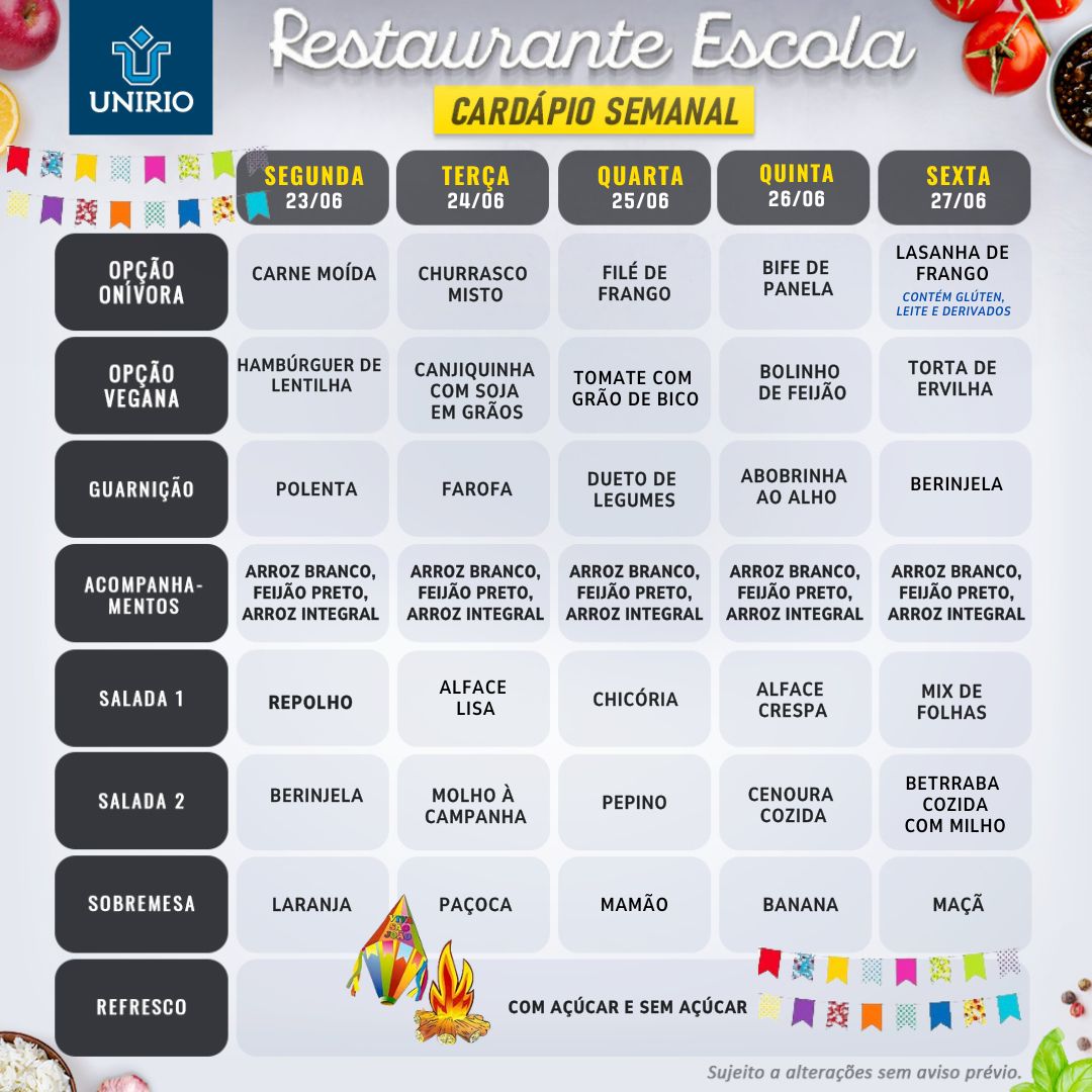 Cardápio semanal: 23 a 27/06/25