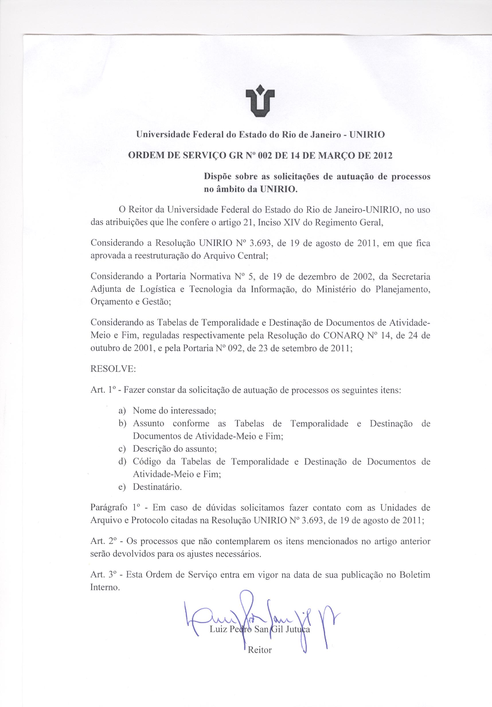 Ordem de Serviço GR 002-2012
