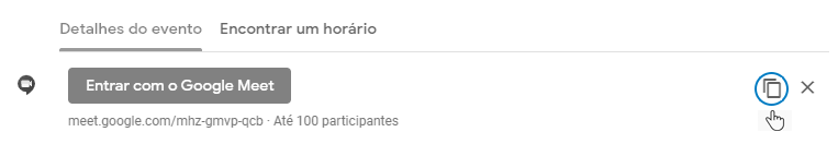 Parte da tela do Google agenda exibindo o botão copiar