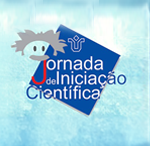 Marca gráfica da da Jornada de Iniciação Científica. Fundo azul inclinado com o texto 'Jornada de Iniciação Científica' em branco e azul. A letra 'J' em vermelho é destacada. Acima, símbolo da UNIRIO. À esquerda, ilustração estilizada do rosto de Albert Einstein com cabelo grisalho e expressão simpática.