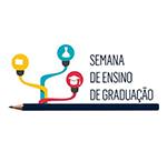 Marca gráfica da Semana de Ensino de Graduação. Três ícones coloridos conectados por linhas que saem de um lápis: uma pasta amarela, um frasco de laboratório azul e um capelo acadêmico vermelho. Texto ao lado em azul escuro: Semana de Ensino de Graduação
