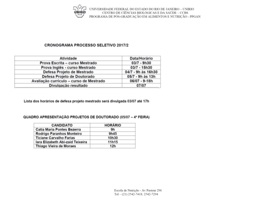 quadro horario selecao