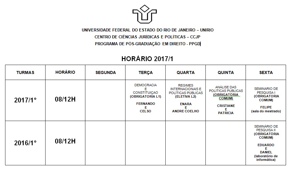 Horário 2017/1° semestre