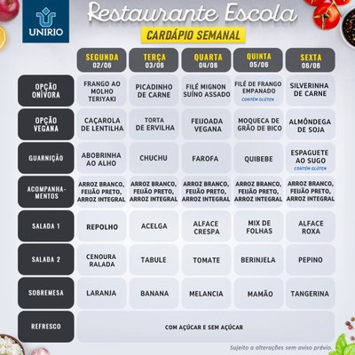 Cardápio do Restaurante Escola: 02 a 06/06/25