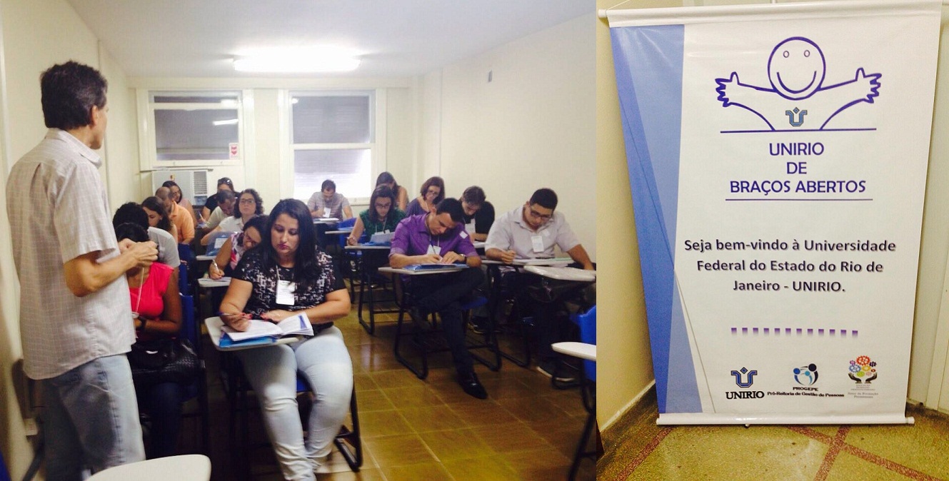 Novos servidores recebem informações sobre a UNIRIO; à direita, o cartaz do Programa (Fotos: Progepe)
