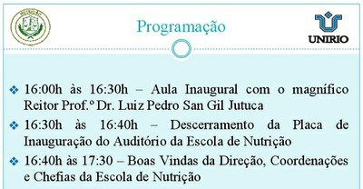 Programação da Inauguração auditório Escola de Nutrição