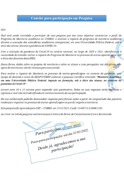 Pesquisa sobre Monitoria na UNIRIO Pesquisa sobre Monitoria na UNIRIO