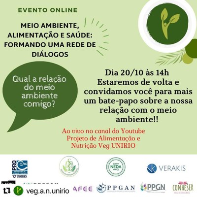 Evento Meio Ambiente, Alimentação e Saúde dia 20 de outubro de 2020 às 14h