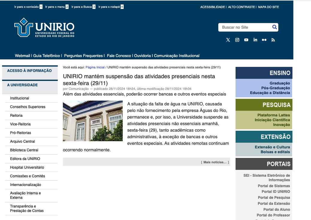 UNIRIO MANTÉM SUSPENSAS AS ATIVIDADES NESTA SEXTA-FEIRA, 29/11
