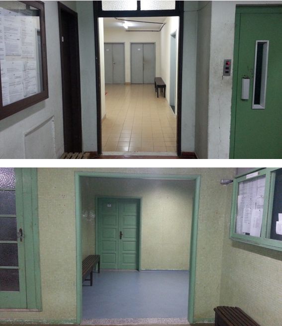 Equipes de limpeza e manutenção retiram portas de corredor no 3o, 5o e 7o andares do Bloco A