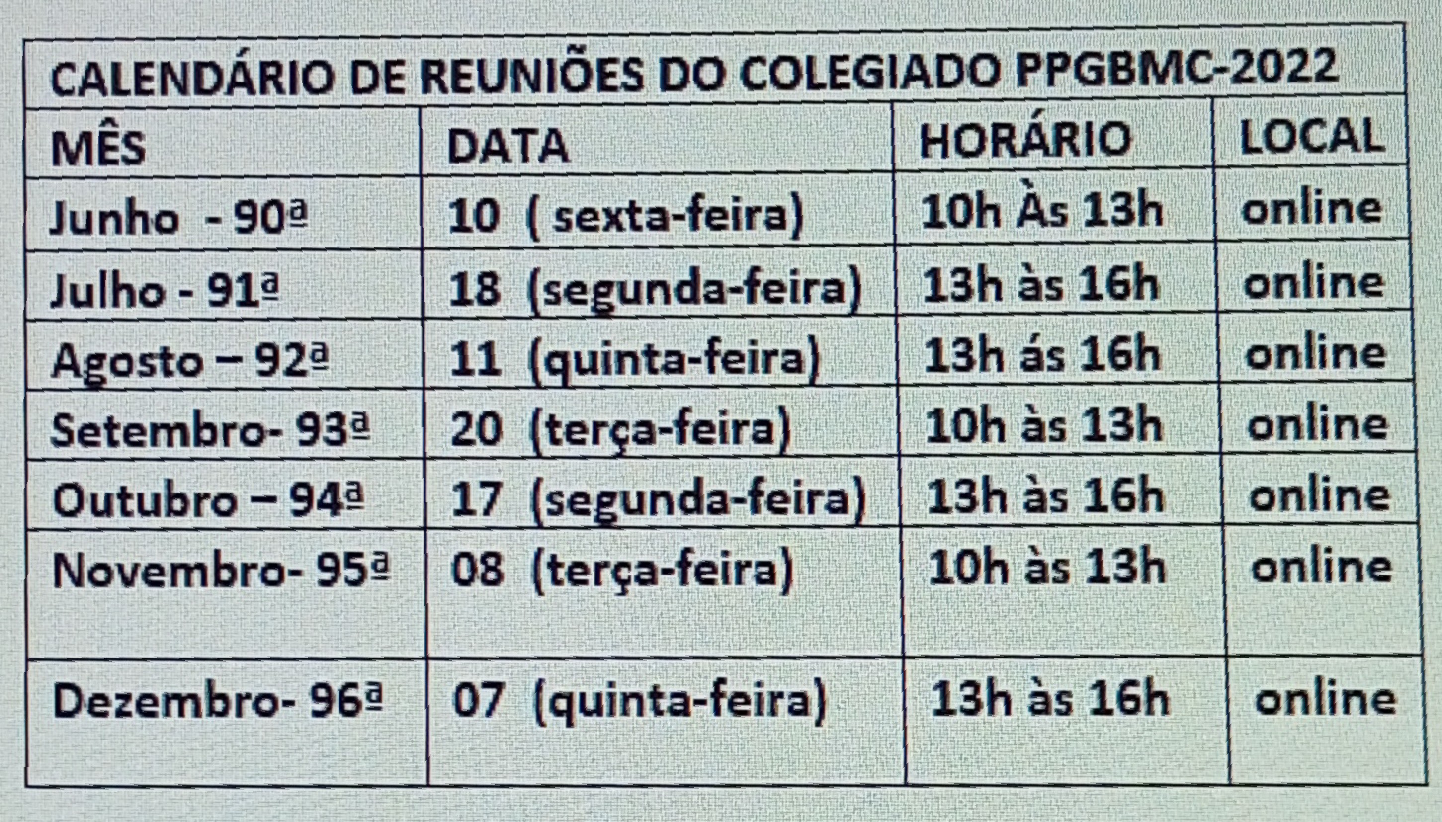 Calendário reuniões do colegiado 2022