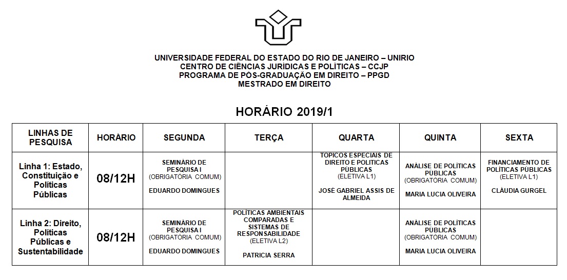 Horário 2019/1° semestre