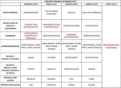 CARDÁPIO RESTAURANTE ESCOLA (16/012 a 19/12/2019)