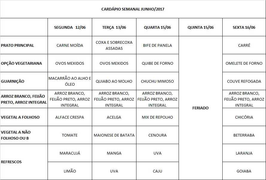 CARDÁPIO DO RESTAURANTE ESCOLA (12/06 a 16/04/2017)