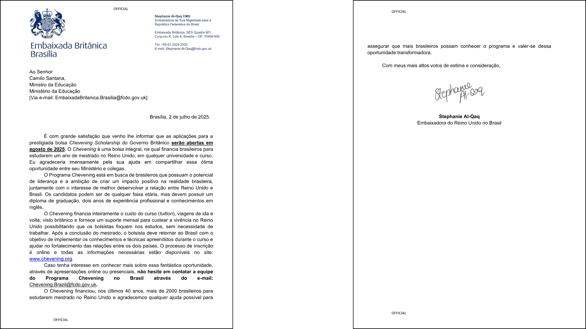 Divulgação de bolsas de estudos do programa Chevening Scholarship, ofertadas pelo Governo Britânico