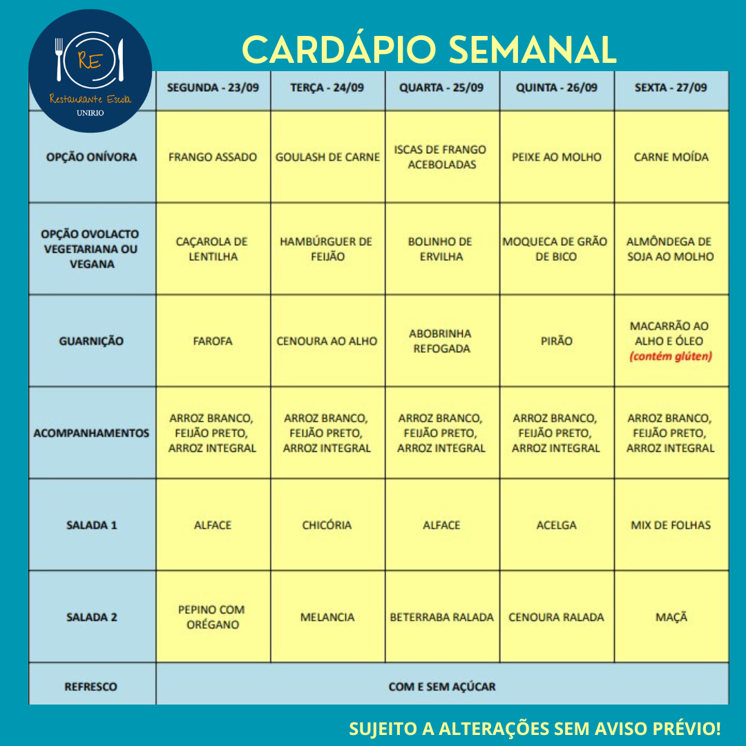 Cardápio de 23 a 27/09/24